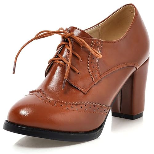 Eestfy Damen Wingtip Brogues Hoch Absatz Block Vintage Schnürung Oxford Schuhe Runde Zehen Pumps Für Den Täglichen Gebrauch Frühling Und Herbst,Gelb,38 EU von Eestfy