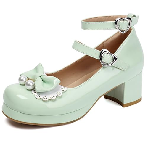 Eestfy Gothic Lolita Lack Mary Jane Schuhe Colorblock Schleife Blockabsatz Mittlerer Absatz Plateau Pumps Doppelte Herzschnallen Für Schule & Party,Grün,40 EU von Eestfy