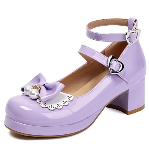 Eestfy Gothic Lolita Lack Mary Jane Schuhe Colorblock Schleife Blockabsatz Mittlerer Absatz Plateau Pumps Doppelte Herzschnallen Für Schule & Party,Lila,43 EU von Eestfy