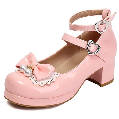 Eestfy Gothic Lolita Lack Mary Jane Schuhe Colorblock Schleife Blockabsatz Mittlerer Absatz Plateau Pumps Doppelte Herzschnallen Für Schule & Party,Rosa,44 EU von Eestfy