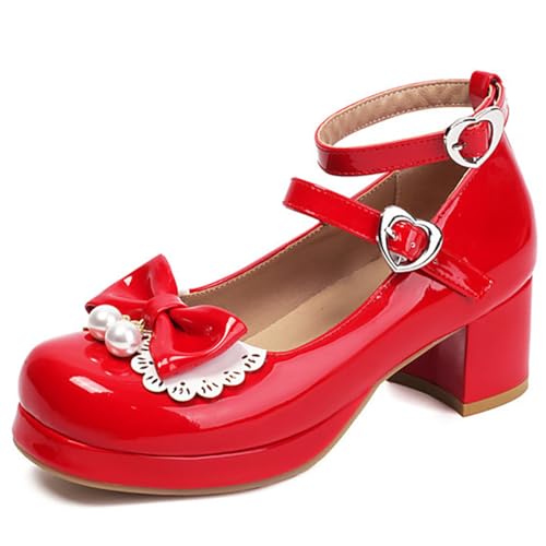 Eestfy Gothic Lolita Lack Mary Jane Schuhe Colorblock Schleife Blockabsatz Mittlerer Absatz Plateau Pumps Doppelte Herzschnallen Für Schule & Party,Rot,48 EU von Eestfy