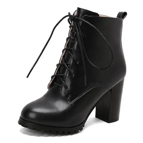 Eestfy Kampfstiefel Damen Plateau Knöchelstiefel Klobiger Blockabsatz Schnürung Runde Zehe Modestiefel für Bürokleidung & Straßenstil,Schwarz,34 EU von Eestfy