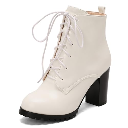 Eestfy Kampfstiefel Damen Plateau Knöchelstiefel Klobiger Blockabsatz Schnürung Runde Zehe Modestiefel für Bürokleidung & Straßenstil,Weiß,50 EU von Eestfy