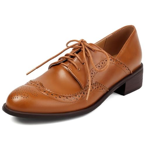 Eestfy Klassische Damen Oxford Schuhe Wingtip Robuster Blockabsatz Schnürung Runde Spitze Brogues für Hochzeitsempfang und Geschäftstreffen Perforiert,Gelb,43 EU von Eestfy