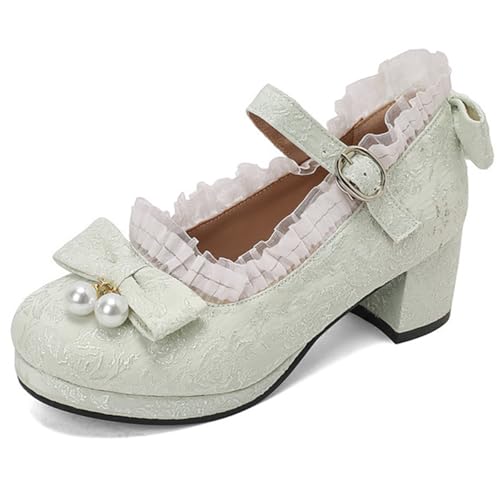 Eestfy Lolita Mary Jane Schuhe Damen Knöchelriemen Niedlich Plateau Pumps Blockabsatz Runde Zeh mit Schleifenverzierung für Vintage Hochzeit & Sweet Cosplay,Light Green,42 EU von Eestfy