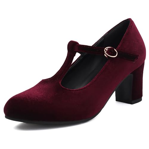 Eestfy Mary Jane Pumps Court Damen Klobiger Blockabsatz Runde Zeh Wildleder Schnalle T Riemen Pumps für Cocktail Party & Tägliche Bürokleidung Weite Größe,Burgundy,38 EU von Eestfy