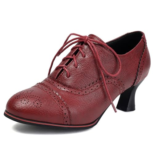 Eestfy Oxford Brogue Pumps Damen Vintage Schnürung Kitten Heel Runde Zehe Gesellschaftsschuhe für Hochzeitsgast Robuster Niedriger Absatz für Büroarbeit und Geschäftstreffen,Burgundy,42 EU von Eestfy