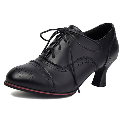 Eestfy Oxford Brogue Pumps Damen Vintage Schnürung Kitten Heel Runde Zehe Gesellschaftsschuhe für Hochzeitsgast Robuster Niedriger Absatz für Büroarbeit und Geschäftstreffen,Schwarz,36 EU von Eestfy