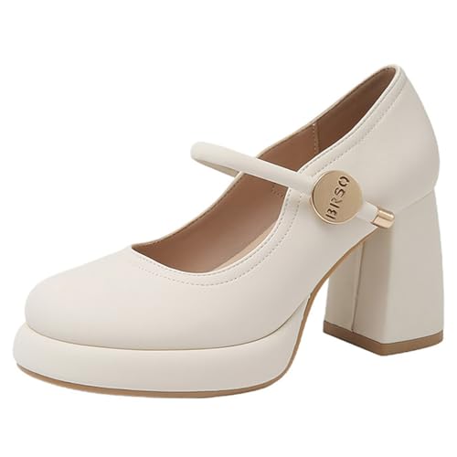 Eestfy Plateau Mary Jane Pumps Court Damen Blockabsatz Runde Zeh Schnalle Riemen Braut Pumps für Brautjungfernkleid & Hochzeit,Round beige,42 EU von Eestfy