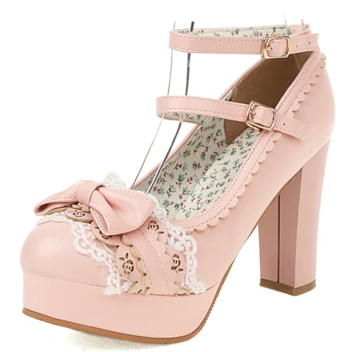 Eestfy Plateau Pumps Damen Hochhackige Absätze Runde Zeh Pumps mit Schleife Detail Klobiger Absatz Lolita Stil Pumps Doppelte Knöchelriemen für Hochzeitsempfang & Cocktail Party,Rosa,45 EU von Eestfy