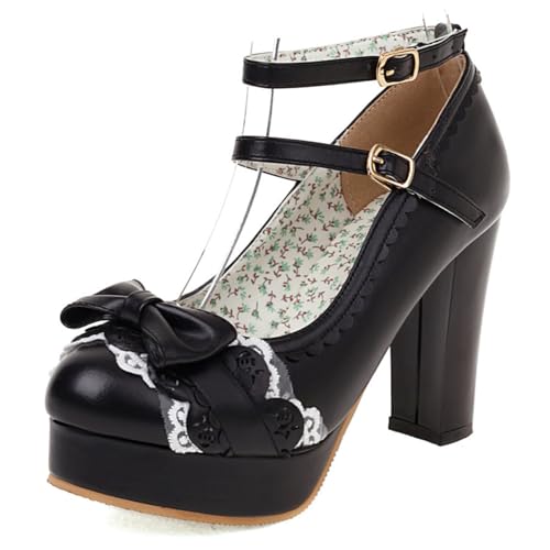 Eestfy Plateau Pumps Damen Hochhackige Absätze Runde Zeh Pumps mit Schleife Detail Klobiger Absatz Lolita Stil Pumps Doppelte Knöchelriemen für Hochzeitsempfang & Cocktail Party,Schwarz,35 EU von Eestfy