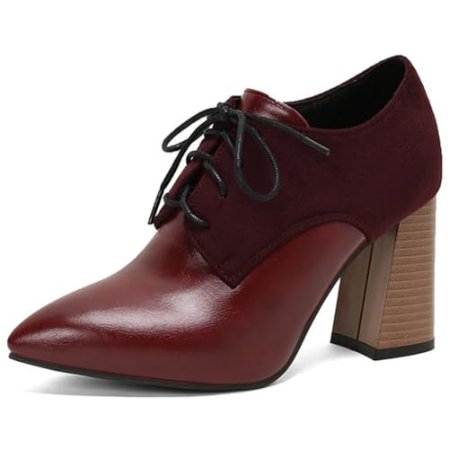 Eestfy Pumps Damen Oxford Block Hochabsatz Brogue Gestapelter Absatz Schnürung Zweifarbig Abendschuhe für Büro & Abendempfang Weite Größe,Burgundy,44 EU von Eestfy