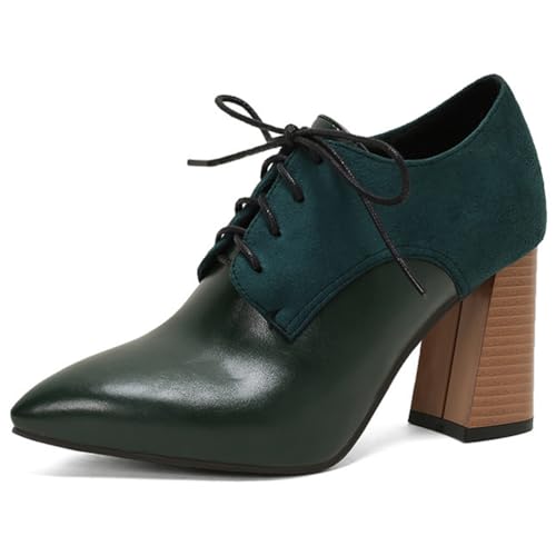 Eestfy Pumps Damen Oxford Block Hochabsatz Brogue Gestapelter Absatz Schnürung Zweifarbig Abendschuhe für Büro & Abendempfang Weite Größe,Dark Green,35 EU von Eestfy