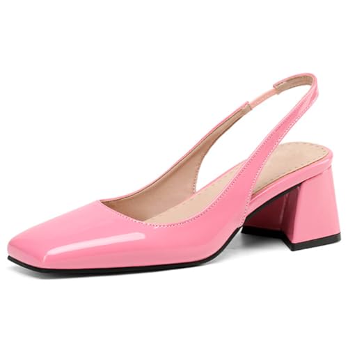 Eestfy Pumps Damen Slingback Lackleder Quadratische Spitze Blockabsatz Für Hochzeit Büro Party Abend,Rosa,46 EU von Eestfy
