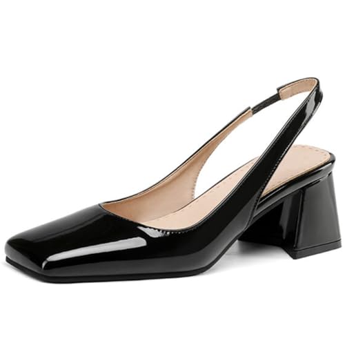 Eestfy Pumps Damen Slingback Lackleder Quadratische Spitze Blockabsatz Für Hochzeit Büro Party Abend,Schwarz,45 EU von Eestfy