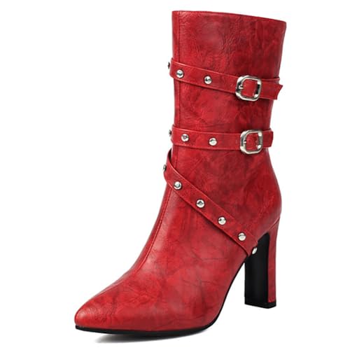 Eestfy Stiefel Damen Mid Calf Wasserdicht Block Absatz Hoch Schnallenriemen Schnür Stiefel Knöchel mit Seitlicher Reißverschluss Atmungsaktiv Casual Winter Modestiefel für Herbst,Rot,45 EU von Eestfy
