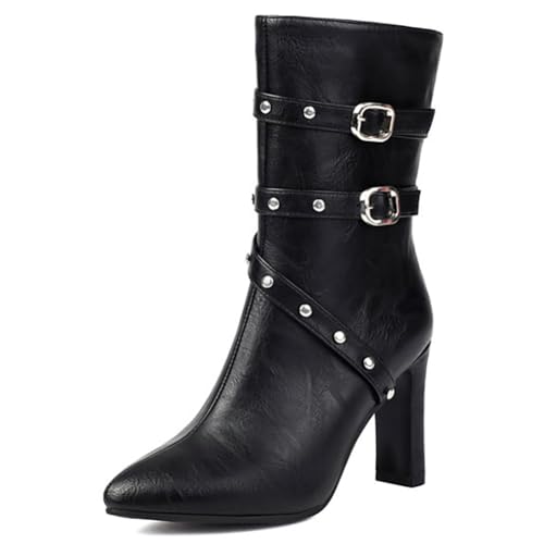 Eestfy Stiefel Damen Mid Calf Wasserdicht Block Absatz Hoch Schnallenriemen Schnür Stiefel Knöchel mit Seitlicher Reißverschluss Atmungsaktiv Casual Winter Modestiefel für Herbst,Schwarz,40 EU von Eestfy