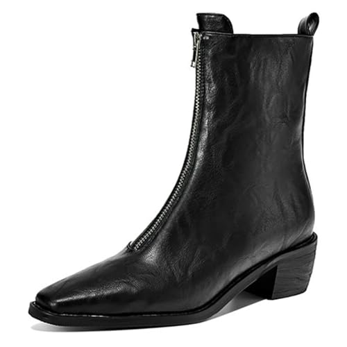 Eestfy Stiefelette Damen Quadratische Zeh Klobiger Blockabsatz Klassisch Vorderer Reißverschluss Mode Wasserdicht Stiefel für Herbst & Winter Lockeres Gehen Ultra Faser Leder,Schwarz,42 EU von Eestfy