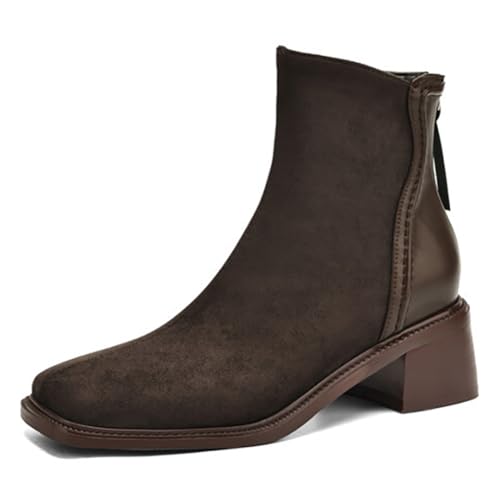 Eestfy Stiefelette Damen Reißverschluss Verschluss Quadratische Zeh Klobiger Blockabsatz Modestiefelette für Herbst & Winter Lockeres Gehen Ultra Faser Leder,Braun,41 EU von Eestfy