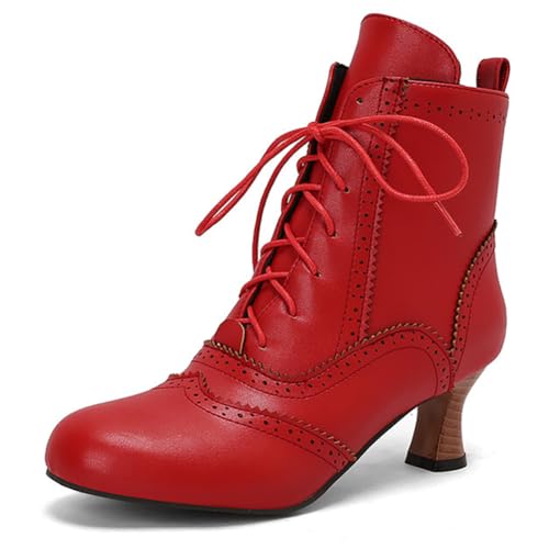 Eestfy Stiefelette Damen Viktorianischer Stil Seitlicher Reißverschluss Mittlerer Absatz Schnürung Runde Zeh Kurze Stiefel Retro Brogue Muster für Winter & Gothische,Rot,38 EU von Eestfy