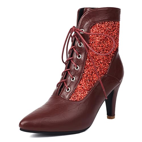 Eestfy Stiefelette Damen mit Absatz Blockabsatz Schnürung Spitze Zeh Kurze Stiefel Retro für Winter & Cocktail Party Weiche Fütterung Gummisohle,Rot,34 EU von Eestfy