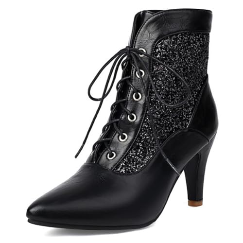 Eestfy Stiefelette Damen mit Absatz Blockabsatz Schnürung Spitze Zeh Kurze Stiefel Retro für Winter & Cocktail Party Weiche Fütterung Gummisohle,Schwarz,44 EU von Eestfy