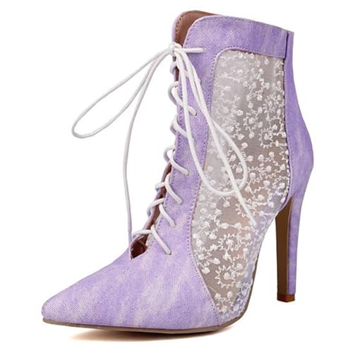 Eestfy Stiefeletten Damen Stiletto Absatz mit Mesh Einsatz Spitze Zeh Schnürung Mode Stiefelette für Sommer, Abend & Cocktail Party,Lila,37 EU von Eestfy