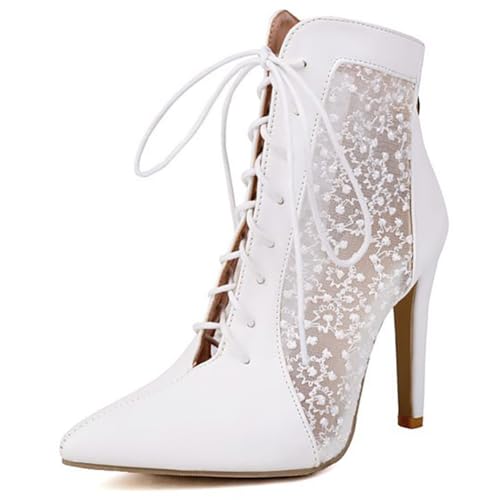 Eestfy Stiefeletten Damen Stiletto Absatz mit Mesh Einsatz Spitze Zeh Schnürung Mode Stiefelette für Sommer, Abend & Cocktail Party,Weiß,41 EU von Eestfy