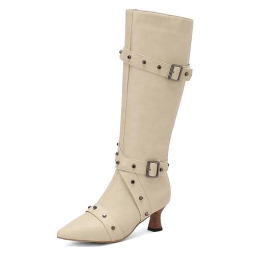 Eestfy Stiefeletten Damen Überkniestiefel Spitze Zehen Riemen mit Dornverschluss Seitlicher Reißverschluss Kitten Absatz Mode Denim Stiefel für Cocktail Party Warmes Futter,Beige,39 EU von Eestfy