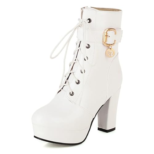 Eestfy Stiefeletten Damen Wasserdicht Chunky Blockabsatz Schnürung Plateau Leder Kurze Stiefel mit Seitlicher Reißverschluss für Herbst & Winter Bürokleidung & Geschäftstreffen,Weiß,47 EU von Eestfy