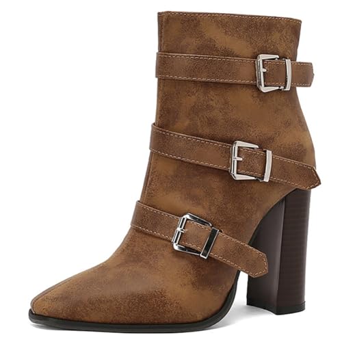 Eestfy Stiefeletten aus Lackleder Damen Dreifacher Riemen mit Dornverschluss Spitze Zehen Dicker Blockabsatz Kurze Stiefel für Abend und Cocktail Empfang,Braun,37 EU von Eestfy