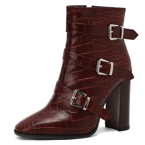 Eestfy Stiefeletten aus Lackleder Damen Dreifacher Riemen mit Dornverschluss Spitze Zehen Dicker Blockabsatz Kurze Stiefel für Abend und Cocktail Empfang,Burgundy,39 EU von Eestfy