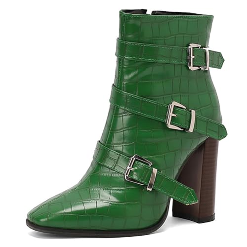 Eestfy Stiefeletten aus Lackleder Damen Dreifacher Riemen mit Dornverschluss Spitze Zehen Dicker Blockabsatz Kurze Stiefel für Abend und Cocktail Empfang,Grün,50 EU von Eestfy