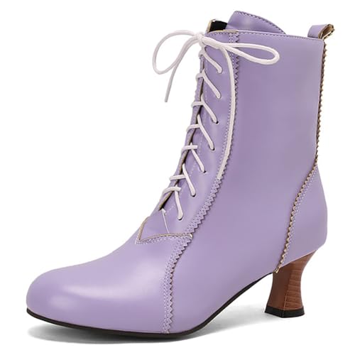 Eestfy Stiefeletten im Victorianischen Stil Damen Runde Zehe Dicker Blockabsatz Kurze Stiefel mit Schnürung Hochzeits Stiefeletten für Herbst und Abendempfang,Lila,47 EU von Eestfy