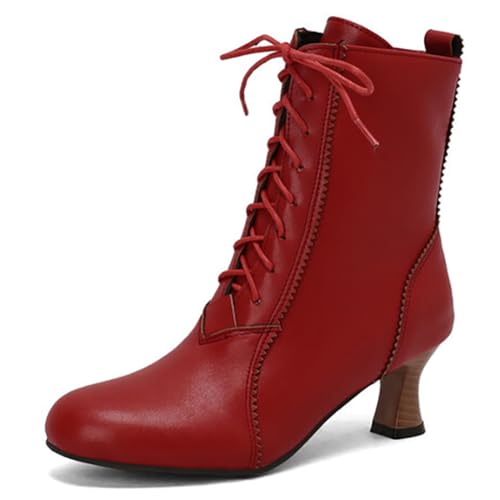 Eestfy Stiefeletten im Victorianischen Stil Damen Runde Zehe Dicker Blockabsatz Kurze Stiefel mit Schnürung Hochzeits Stiefeletten für Herbst und Abendempfang,Rot,42 EU von Eestfy