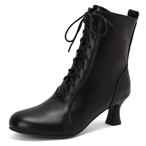 Eestfy Stiefeletten im Victorianischen Stil Damen Runde Zehe Dicker Blockabsatz Kurze Stiefel mit Schnürung Hochzeits Stiefeletten für Herbst und Abendempfang,Schwarz,41 EU von Eestfy