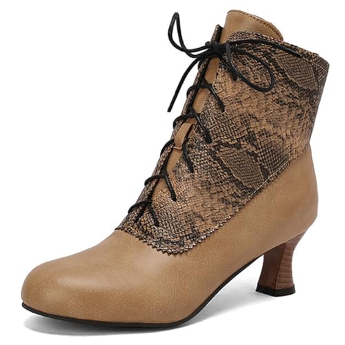 Eestfy Stiefeletten im Victorianischen Stil Damen Runde Zehe Dicker Blockabsatz Mittlerer Absatz Kurze Stiefel Schnürdesign Stiefeletten mit Seitlichem Reißverschluss Abendempfang,Tan,40 EU von Eestfy