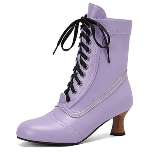 Eestfy Victorianische Stiefeletten Mittlerer Wadenhöhe Damen mit Schnürung Runde Zehe Kitten Absatz Kurze Stiefel mit Seitlichem Reißverschluss für Herbst und Abendempfang,Lila,41 EU von Eestfy