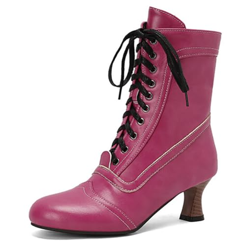 Eestfy Victorianische Stiefeletten Mittlerer Wadenhöhe Damen mit Schnürung Runde Zehe Kitten Absatz Kurze Stiefel mit Seitlichem Reißverschluss für Herbst und Abendempfang,Rosa,38 EU von Eestfy
