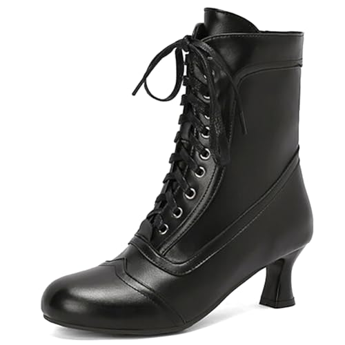 Eestfy Victorianische Stiefeletten Mittlerer Wadenhöhe Damen mit Schnürung Runde Zehe Kitten Absatz Kurze Stiefel mit Seitlichem Reißverschluss für Herbst und Abendempfang,Schwarz,44 EU von Eestfy