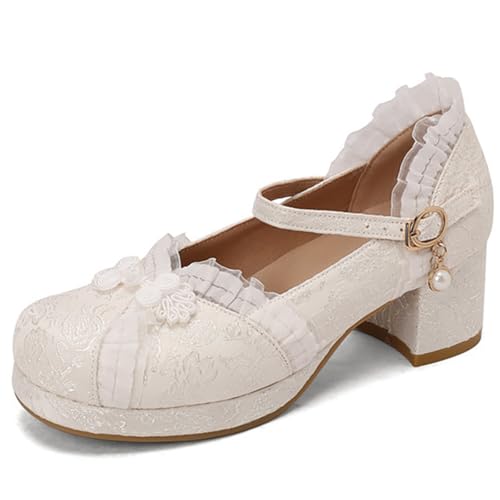 Eestfy Vintage Lolita Mary Jane Schuhe Für Damen Farbblock Rundkappe Mittlerer Absatz Perlen Schnalle Blockabsatz Pumps Für Frühling Und Herbst Atmungsaktives Material,Beige,36 EU von Eestfy