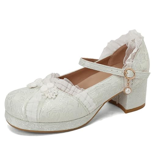 Eestfy Vintage Lolita Mary Jane Schuhe Für Damen Farbblock Rundkappe Mittlerer Absatz Perlen Schnalle Blockabsatz Pumps Für Frühling Und Herbst Atmungsaktives Material,Grün,40 EU von Eestfy