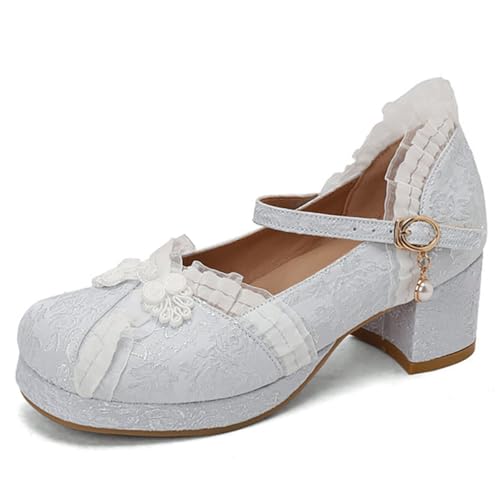 Eestfy Vintage Lolita Mary Jane Schuhe Für Damen Farbblock Rundkappe Mittlerer Absatz Perlen Schnalle Blockabsatz Pumps Für Frühling Und Herbst Atmungsaktives Material,Light Blue,44 EU von Eestfy