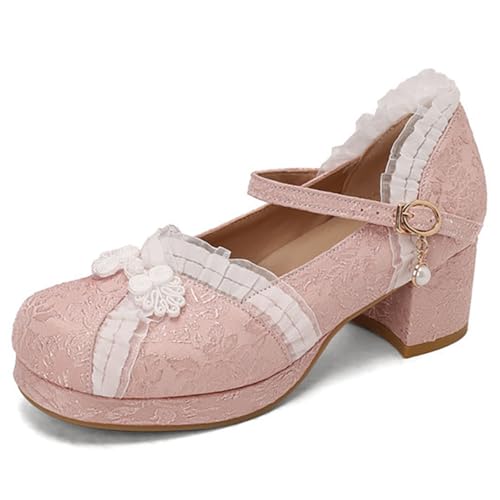 Eestfy Vintage Lolita Mary Jane Schuhe Für Damen Farbblock Rundkappe Mittlerer Absatz Perlen Schnalle Blockabsatz Pumps Für Frühling Und Herbst Atmungsaktives Material,Rosa,35 EU von Eestfy