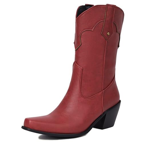 Eestfy Western Stil Stiefel Für Damen Mid-Calf Klobiger Absatz Quadratische Spitze Einfaches Design Cowboy Stiefel Für Freizeit Und Streetwear Weite Größe,Rot,47 EU von Eestfy