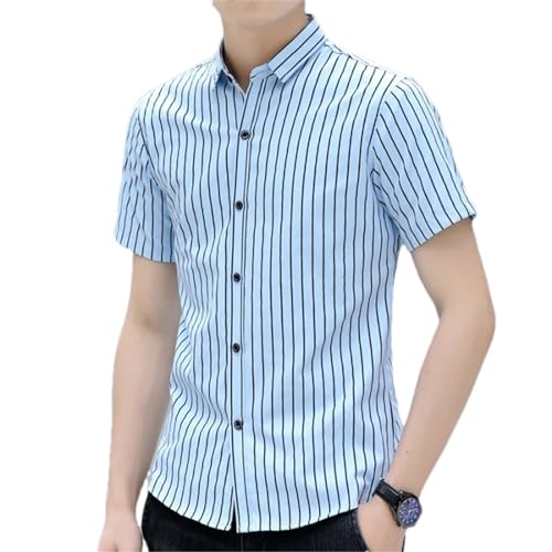 Baumwollhemd Herren Kurzarm Koreanisches Sommerhemd Jugend Weiches gestreiftes Top Sommer Lässiges Kurzarmhemd Blue XS von Eesuei