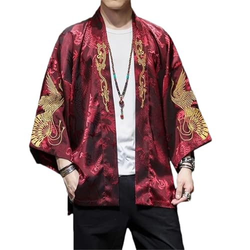 Eesuei Männer Samurai Kleidung Chinesisches Kostüm Hanfu Mantel Japanischer Kimono bestickte Strickjacke Drachen Rayon Hemdbluse Wine red Coat XXL von Eesuei