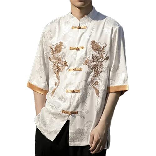 Sommer Chinesisches Traditionelles Kleid Drachen Stickerei Hemd Männer Kleidung EIS Seide Kurzarm Vintage Tops White 3XL von Eesuei