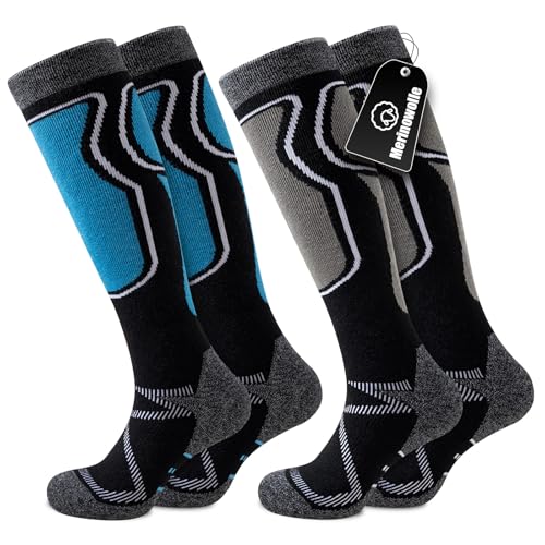 Effeet 2 Paar Skisocken aus Merinowolle für Herren Damen, Warme Gepolsterte Thermosocken Weich Winterstrümpfe, Kniestrümpfe mit Polsterung für Snowboarden Skifahren Jagen Wandern Blau & Schwarz 43-46 von Effeet