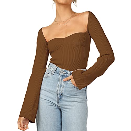 Damen Pullover Tops Sweetheart-Ausschnitt Geripptes Bustier Korsett Strick Langarm Pullover Sweater Top, Braun, Mittel von Effeltch